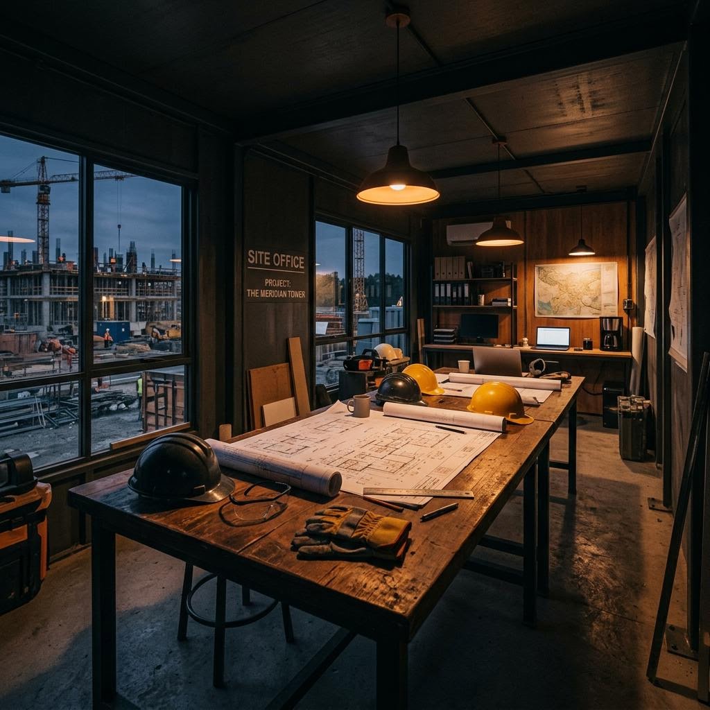 Construction plans and hard hats on a meeting table overlooking an active building site